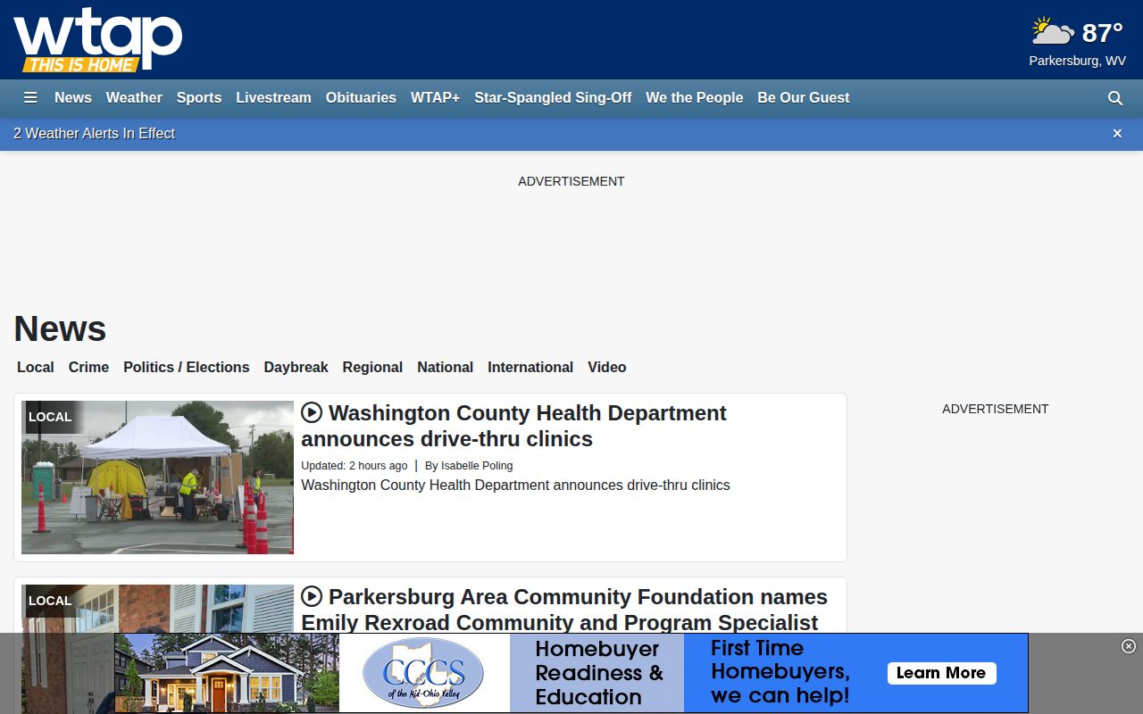 WTAP Crime section showing regional news navigation