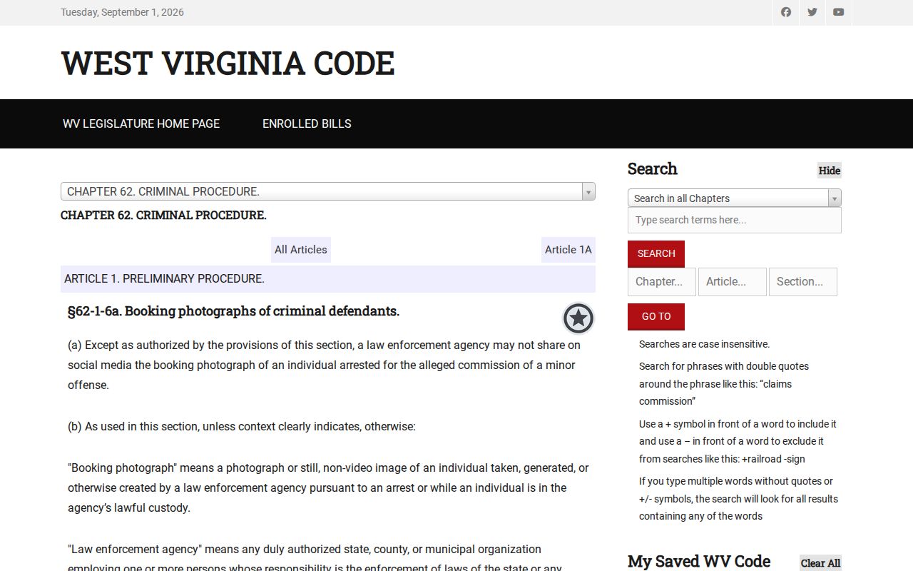 West Virginia Code section 62-1-6a official statute page