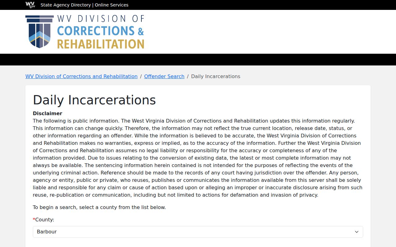 WVDCR Daily Incarcerations official admissions search interface