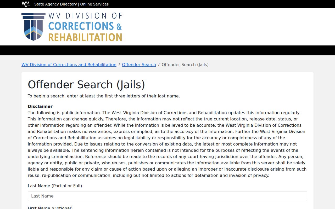 WVDCR jail offender search form for official regional custody lookup